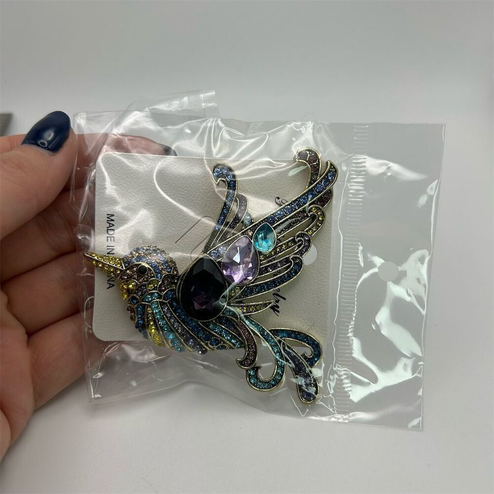 Vibrant Purple, Blue & Green Hummingbird Rhinestone Large Statement Brooch - Picture 7 of 8